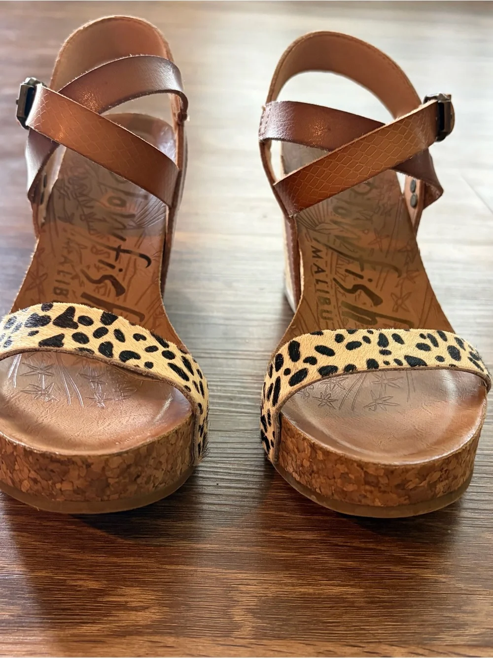 Bonefish- Tan Cork Wedge Sandals with Leopard-Print Strap Size 6.5
